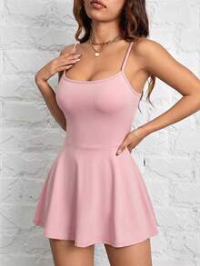 SHEIN PETITE 女款細肩帶A字下擺純色可收納運動休閒日常防走光連身寬褲 - 粉色 - 查看 6