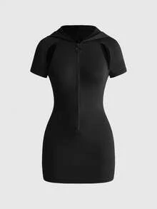 ROMWE Women's Mini Dress With Hood, Zipper, Back Hollow Out, Braided Burnout Design, Goth Style, Black, Spring/Summer - Black - View 1