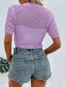 EMERY ROSE Solid Color Short Sleeve Hollow Knit Cropped Cardigan - Mauve Purple - View 2