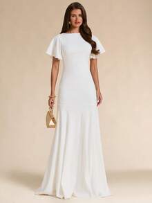 SHEIN BAE Autumn/Winter Solid White Short Sleeve Slim Fit Extra Long Elegant Dress - White - View 7