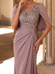 Aureia Vestido Elegante com Renda Bordada & Patchwork de Lantejoulas, Manga de Babado Elástica de Cetim, Bainha Sereia, Azul Acinzentado, Inverno, Elegante, Formal, Noite, Casamento Formal - Rosa empoeirado - Visão 7