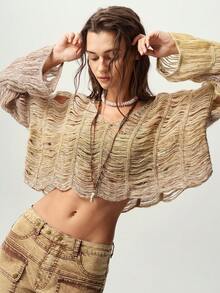 Bohemela Vintage Boho Gradient Seahorse Hollow Knit Sweater Vacation Dusty Pink Autumn - Champagne - View 5