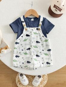 SHEIN 2pcs/Set Baby Boy Summer Cute Versatile Casual Fun Print Pattern Tank Top & Shorts Knit T-Shirt Set, Overall Shorts 2-Piece Set, Dinosaur Outfit, Cute Outfit, Children's Day Outfit - Multicolor - View 1
