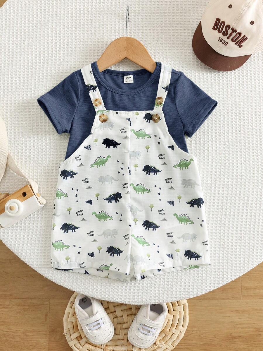 SHEIN 2pcs/Set Baby Boy Summer Cute Versatile Casual Fun Print Pattern Tank Top & Shorts Knit T-Shirt Set, Overall Shorts 2-Piece Set, Dinosaur Outfit, Cute Outfit, Children's Day Outfit - Multicolor - View 1