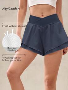 OutZeal Women Tummy Control Stretchy Crossover-Waist Built-In Shorts Double-Layer Hem Sports Shorts Tennis Gym Workout - Dusty Blue - View 3
