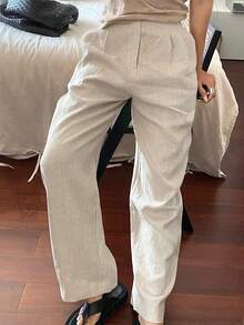 Livesso Tall 女款百褶寬鬆亞麻風休閒長褲，適合高個女性 - 白色 - 查看 3