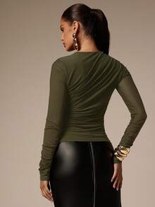 Silquee Camiseta elegante para mujer de unicolor con fruncido y ajuste ceñido para ir al trabajo - Verde militar - Ver 2