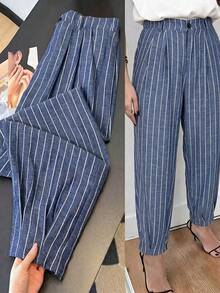 SHEIN Clasi Plus Size Women's Elegant Tapered Leg Burgundy Suit Cropped Pants, Plus Size Women's Suit Pants For Office Commute, Spring/Summer Vacation, Elegant Long Pants, Graduation, Holiday, Valentine's Day, Music Festival, Mother's Day, Halloween, Thanksgiving, Easter, National Day, Ball, Date Party, Wedding Season, Outing, Etc. - Blue - View 1