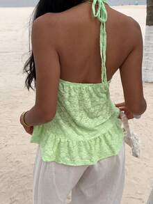 Sunnyshic Summer Casual Solid Color Jacquard Backless Halter Top - Green - View 2