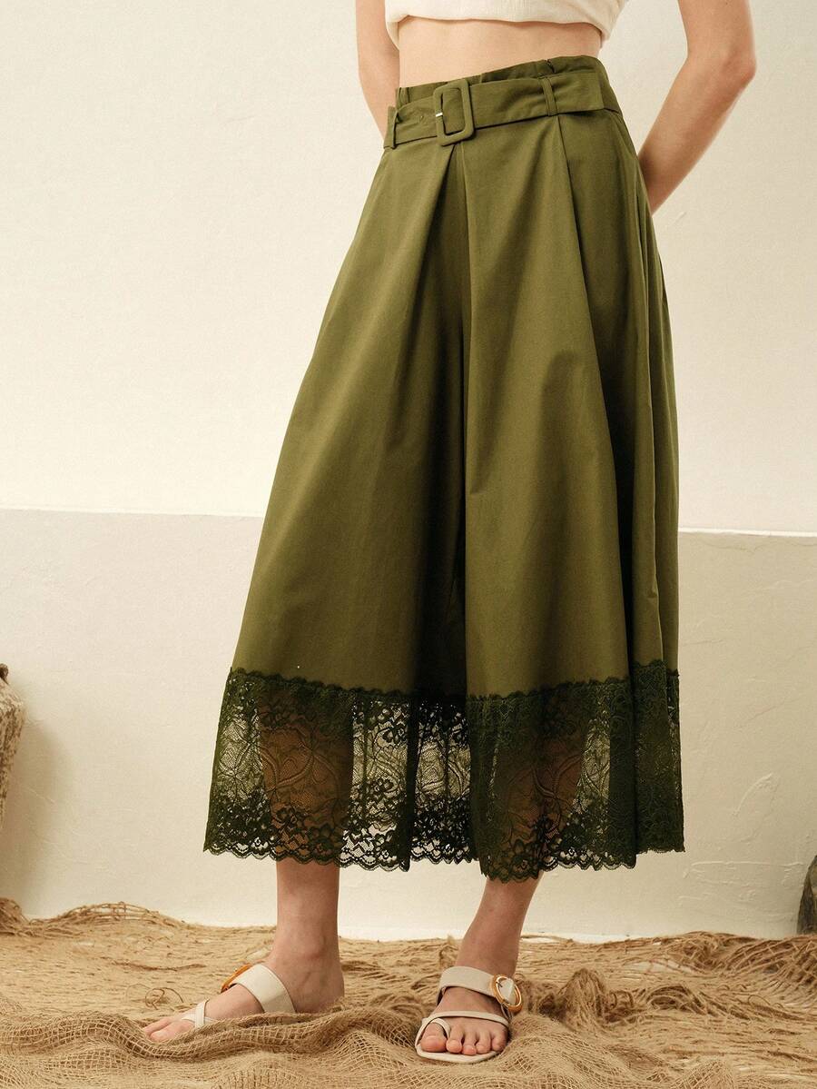 SHEIN Zanirela 女款橄欖綠棉質秋季長褲,蕾絲拼接歐式度假休閒優雅寬腿褲,優雅服飾,適合早午餐派對 - 綠色 - 查看 1