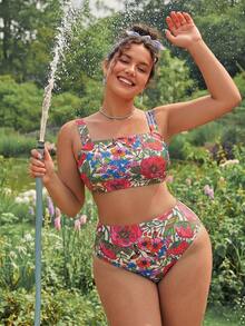 Swim Mod 2026 New Spring/Summer Plus Size 2-Piece Bikini Set Set With Large Scoop Neck And Random Tropical Floral Print, Suitable For Beach And Vacation Wear - Multicolor - View 6