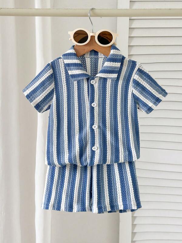 Vintaside Kids 2pcs Baby Boy Chic Casual Striped Short Sleeve Button Down Soft Textured 2 Pieces Sets Shorts Shirt Clothes Outfit For Vacation Beach Summer