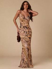 SHEIN BAE Women's All-Over Print Spaghetti Strap Slim Fit Sexy Dress Suitable For Summer Wear - Khaki - View 6