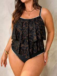 Slaydiva Plus Size Women 2pcs Set Black Spaghetti Strap Double Layer Ruffle Hem Top With Ruched Ruffle High Waist Pants, Summer Beach Vacation Sexy Tropical - Multicolor - View 1