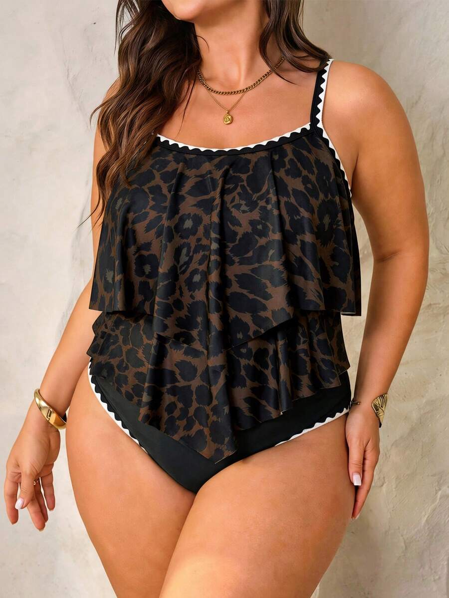 Slaydiva Plus Size Women 2pcs Set Black Spaghetti Strap Double Layer Ruffle Hem Top With Ruched Ruffle High Waist Pants, Summer Beach Vacation Sexy Tropical - Multicolor - View 1