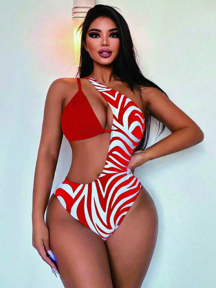 Swim SXY 女款拼色單肩連身泳衣,適合海灘度假、泳池派對、海灘派對 - 紅色 - 查看 1