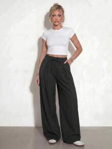 SHEIN PETITE Women's Casual Business Casual Black And White Striped Striped Trousers, High-Quality And Comfortable Texture, New Style For Summer And Autumn 2026 - Black - View 4
