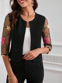 SHEIN Clasi 女款春夏優雅蕾絲拼接短版夾克，開襟設計，3/4袖，秋冬款 - 黑色 - 查看 5