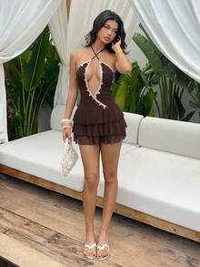 Aloruh 女款休閒度假奶油黃性感露背掛脖綁帶迷你洋裝，海星流蘇裝飾與不對稱蛋糕裙襬，適合海灘海邊約會、度假、下午茶、婚禮季、郵輪度假、公路旅行、城市度假、波希米亞風音樂節穿搭、嬉皮西式內外層穿搭，四季皆宜 - 咖啡 - 查看 6