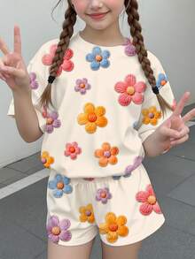 青少年女孩休閒可愛紋理碎花甜美奶油風鄉村風圓領短袖T恤寬鬆短褲兩件套，適合春夏，圖案舒適，女孩套裝，Y2K復古度假風 - 彩色 - 查看 2