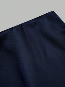 Sweetra Plus Size Women's Brown Satin Lace Patchwork Elegant Slimming Waist-Cinching Fitted Short Mini Skirt, Soft Comfortable Sexy Casual Date Wear, Versatile Cool Summer Mini Skirt, Plus Size Skirt - Navy Blue - View 8
