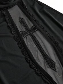 ROMWE Goth 夏季哥德風海灘度假風不對稱下擺前鏤空交叉刺繡腰部鏤空綁帶大尺碼女款連身泳衣 - 黑色 - 查看 4