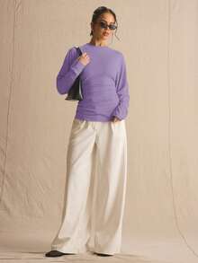 MUSERA Cinched Ruched Waist Batwing Long Sleeve Top Spring Summer Cute Cosy Cottage Core Spring Dew Spring Outfit Casual Office Work Elegant - Lilac Purple - View 4
