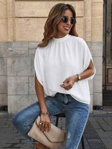 Isle Nomé White Lace Patchwork Backless Tie-Neck Batwing Sleeve Blouse, Casual Loose Sheer Top For Daily & Weekend Wear - White - View 4
