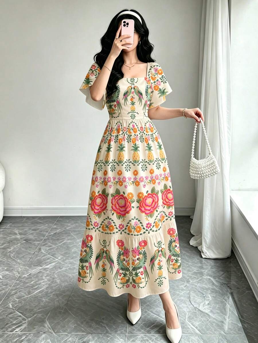 Modelyn 女款花卉印花方領荷葉邊短袖優雅中長洋裝,適合度假 - 彩色 - 查看 1
