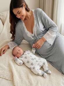 SHEIN Newborn Baby Girl Casual Cute Knitted Cartoon Pattern Long Sleeve Home Wear Romper - Grey - View 8