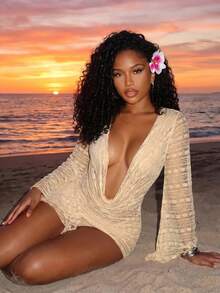 BamGleam 1pc Women's Lace Knit Jacquard Coverup, Deep Draped Neck Bodycon Silhouette, Long Sleeve Loose Fit, Sexy Beach/Vacation Style Summer - Apricot - View 2