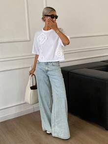 Livesso Petite Women's Summer Casual Solid Color 3D Floral Decor Cropped T-Shirt ,Petite Women - White - View 6
