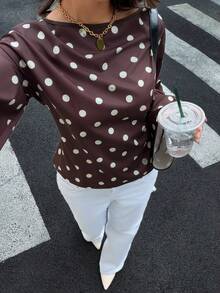 Siren Gaze Womens Elegant Polka Dot Blouse Boat Neck Long Lantern Sleeve Peplum Top With Waist Tie Detail For Daily Wear - Brown - View 8