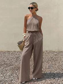 Livesso Spring/Summer White Halter Neck Tank Top & Straight Leg Casual Pants 2 Pieces Set, Elegant For Wedding, Vacation, Beach, Commute, Women - Olive Green - View 4