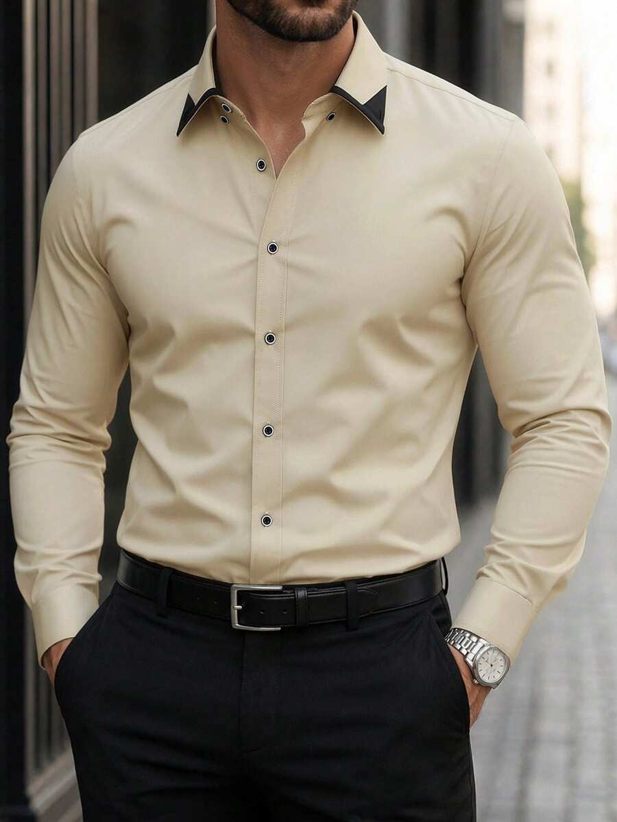 Manfinity Mode Men's Solid Color Stand-Up Collar Long Sleeve Shirt,Black And Beige,Autumn,Business Casual,Office Formal Commuting Old Money Style - Apricot - View 1