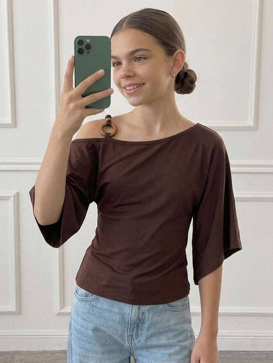 DAZY Tween Girl Solid Color Ruched Slim Fit Versatile Casual T-Shirt - Brown - View 1