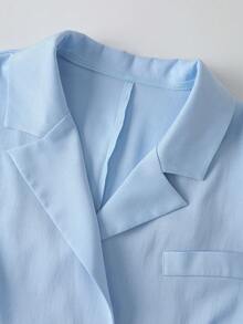 Franclia Casual Elegant Minimalist French Style Blazer Jacket For Outing, Work, Commute, Blue Buttons, Faux Pockets, Cropped Sleeves With Cuff Design, Light Blue, Summer, All Seasons, Plus Size Women's Blazer - Blue - View 4