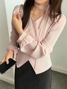 DAZY Solid Color Fitted Ruched Long Sleeve Elegant Formal Spring Autumn Women's Blouse Summer School - Pink - View 3