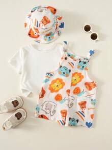 SHEIN 2pcs Set Including Hat, Baby Boy Baby Girl Cute Casual Versatile Cartoon Pattern Overall Shorts Hat Set, Cute Overalls, Infant Overalls, Summer Overalls, Vacation Set - Multicolor - View 3