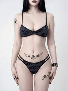 ROMWE Goth 女款時尚性感鏤空比基尼泳衣套裝 - 深灰色 - 查看 4