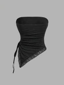 SHEIN MOD 2件組女款蕾絲拼接百褶休閒百搭日常外出抹胸上衣 - 黑與白 - 查看 10