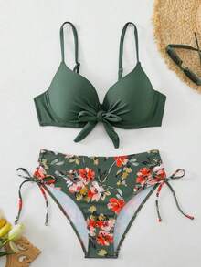 Swim Lushoire 2件組成熟時尚性感女款泳衣，藍綠孔雀綠前綁帶純色泳衣搭配花卉印花短褲套裝，夏季海灘度假風 - 墨綠色 - 查看 3