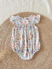 SHEIN LMoss Kids Baju Terusan Bayi Perempuan Baru Lahir Lucu untuk Musim Panas, Kasual, Motif Bunga, Lengan Bergelombang - MultiWarna - View 2