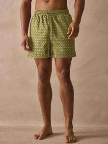 Musero 全滿版馬賽克印花鬆緊抽繩腰頭泳短褲 春夏度假必備 泳池海灘風 - 軍綠色 - 查看 3