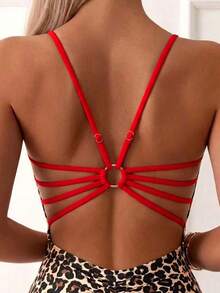 Swim Basics 女款豹紋拼接素色鏤空環扣露背連身泳衣，夏季度假海灘穿搭 - 彩色 - 查看 3