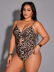 Shapewave Traje de baño de una pieza sin espalda con estampado de leopardo para tallas grandes - Multicolor - Ver 4