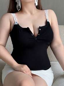 REIGN AVE Solid Color Half-Open Front Fitted Elastic Cropped Camisole And Tank Top - Black - View 1