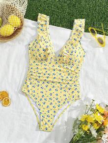 SHEIN Swim Curve 2026 New Summer Sweet Vacation Ditsy Floral Fresh Plus Size One-Piece Swimsuit Beach Vacation Light Blue - Multicolor - View 3