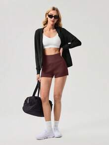 OutZeal Gym Shorts Women Sports Shorts Solid Color Yoga Casual Fitness Soft Model Ribbed High Waist Active Bottoms Summer Spring - Brown - View 6