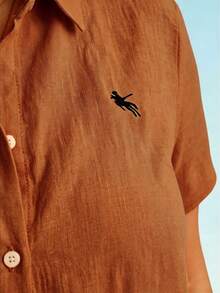 Linhara CURVE Large-Sized Woven Embroidered Casual Summer Shirt For Vacation - Orange - View 6